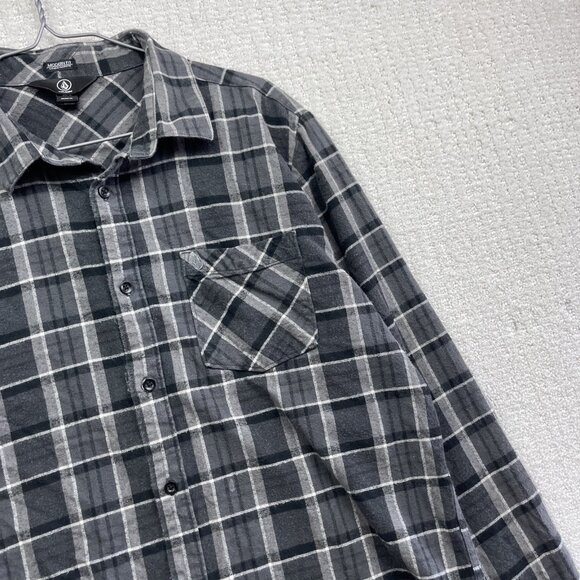 Y2K Volcom Black Modern Fit Plaid Flannel Button Up Shirt Men’s Size XL Skate - Picture 4 of 15